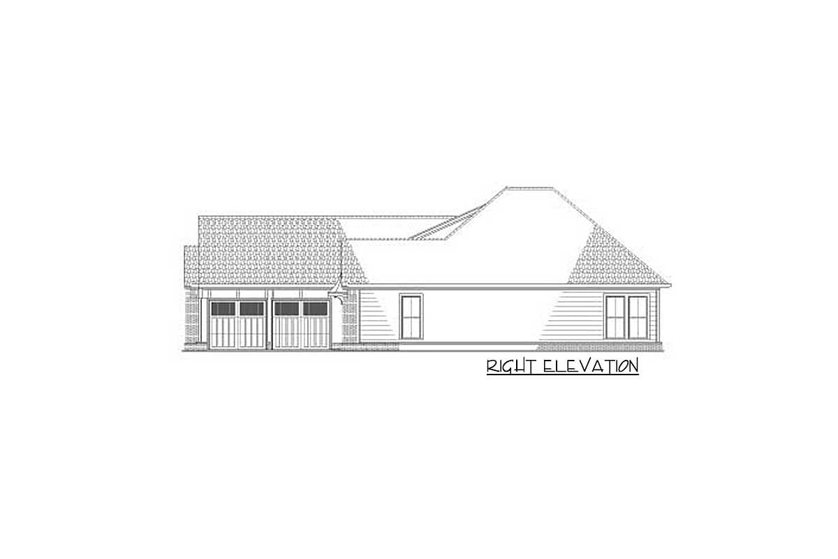 Right elevation drawing of a house plan showing a two-car garage, a single door, and double doors.