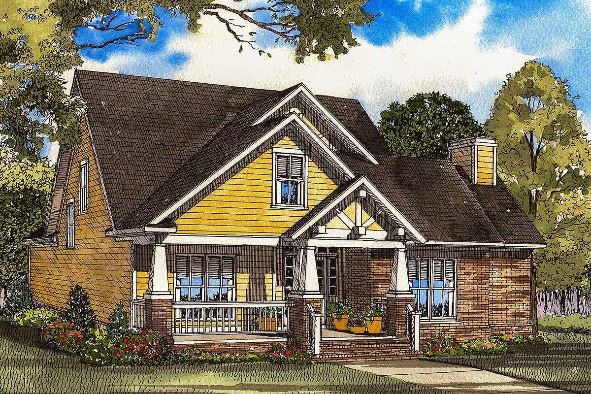 Craftsman style house plan exterior with a wraparound porch, brick and siding, and multiple gables.