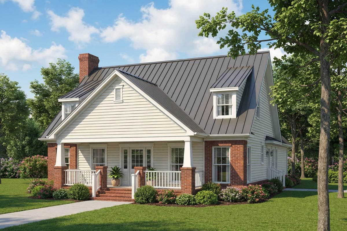 House plan exterior. One-story Modern Farmhouse with gabled dormers, front porch, and metal roof.