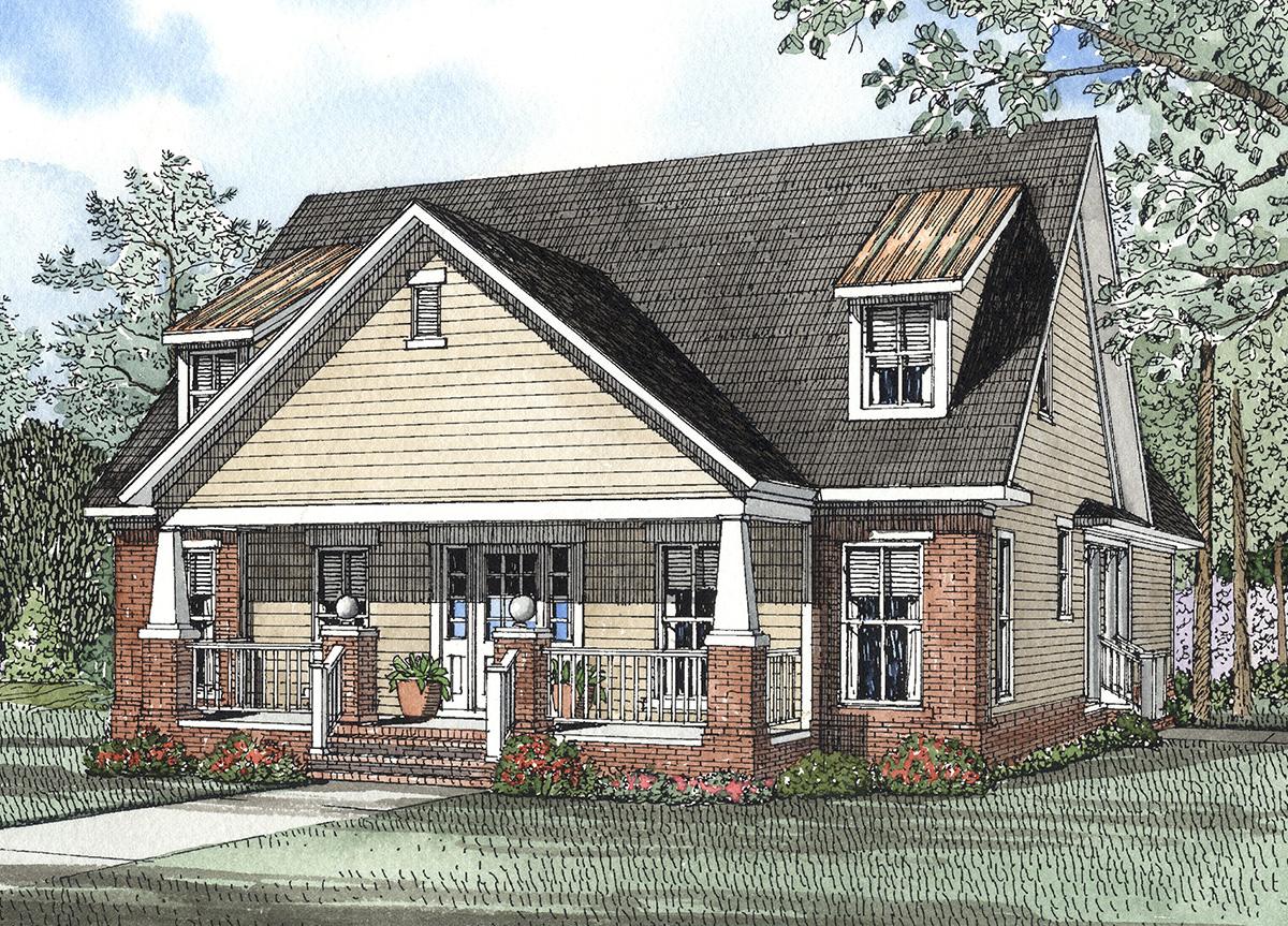 House plan exterior: Craftsman style, two stories, large front porch, prominent gable with dormer, brick and siding.