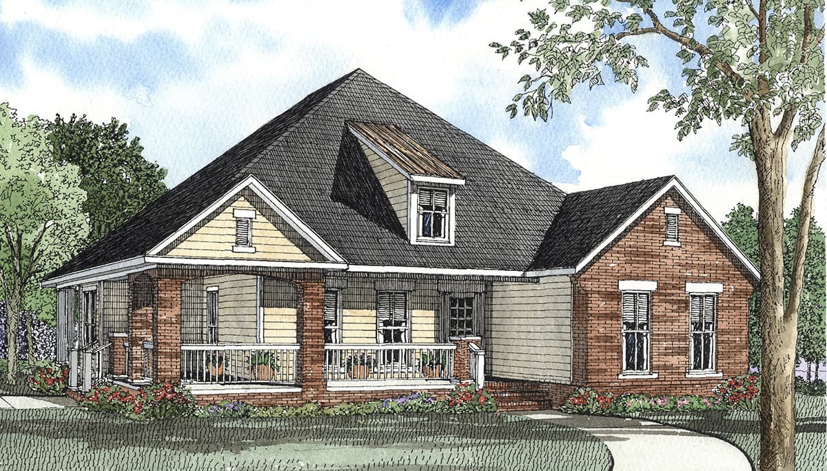 House plan exterior with brick and siding, wrap-around porch, prominent gables, and a dormer.