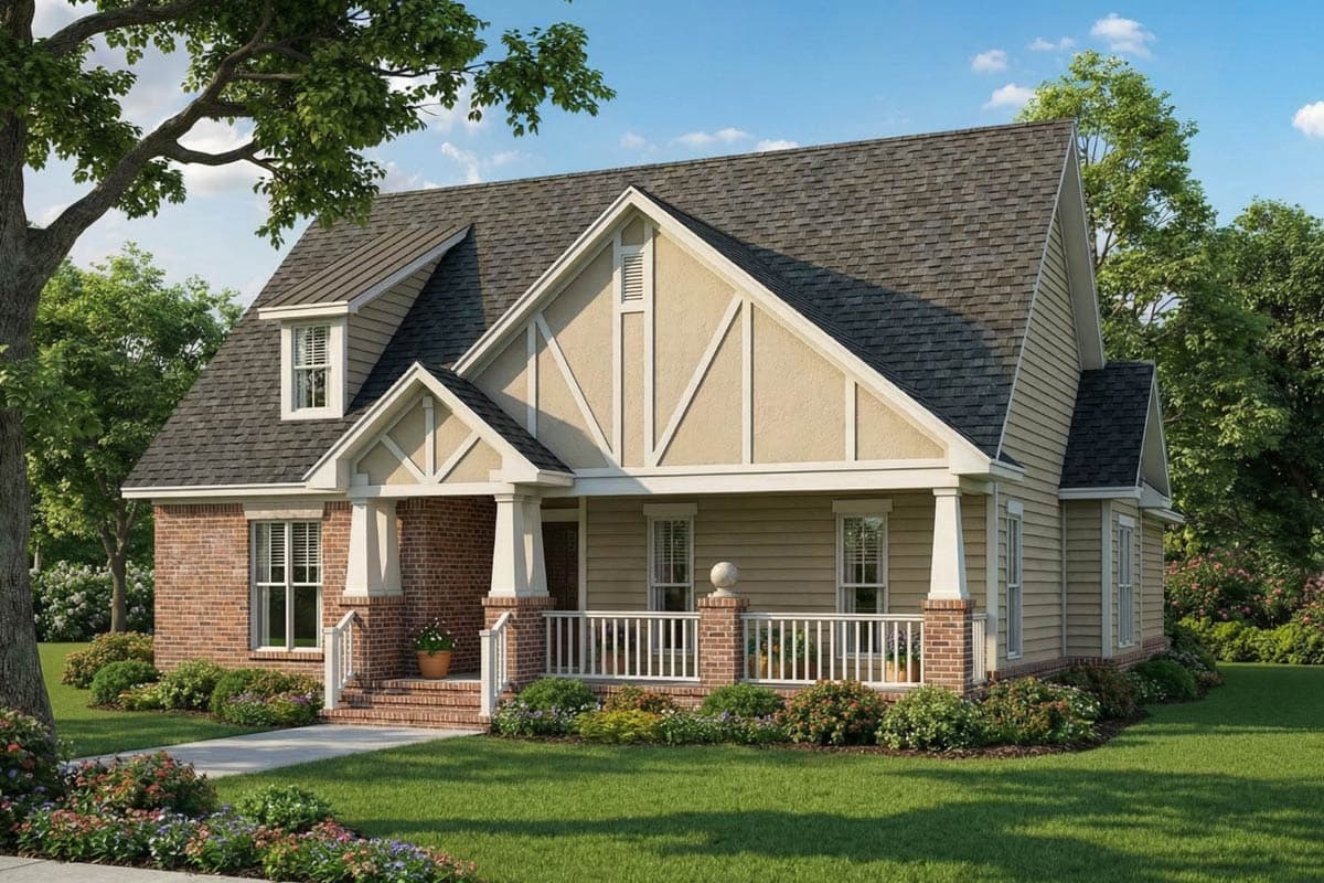 A craftsman-style house with a brick facade and a covered porch. Lush landscaping surrounds the home with a green lawn and blooming flowers.