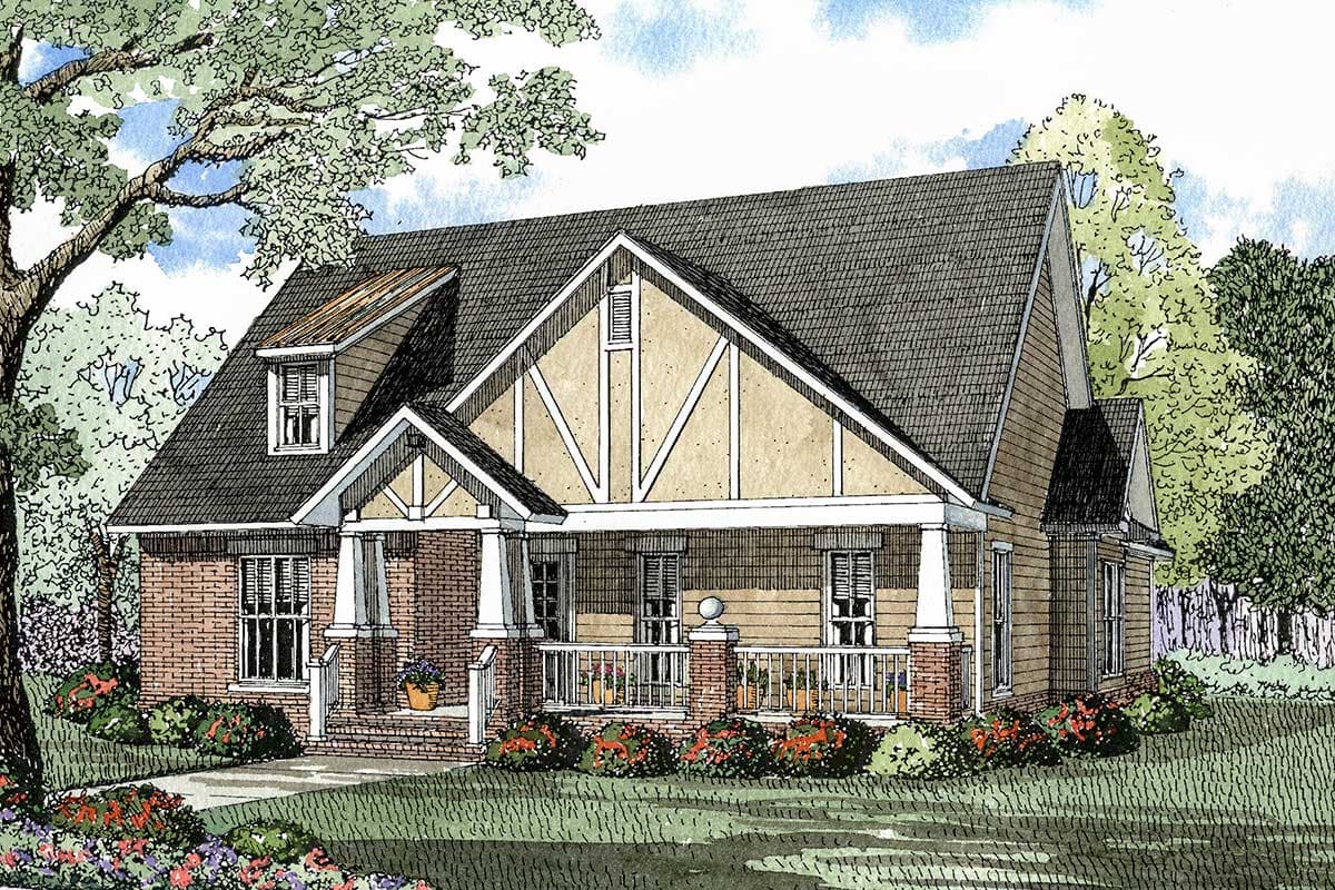 House plan exterior: Two-story Modern Farmhouse with large front porch, brick foundation, and prominent gabled dormer.