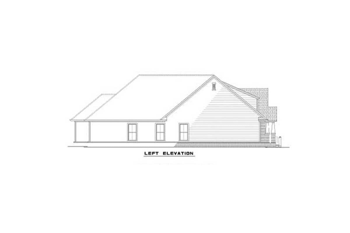 Left elevation of a one-story house plan with a prominent gable roof, visible windows, and a covered porch.