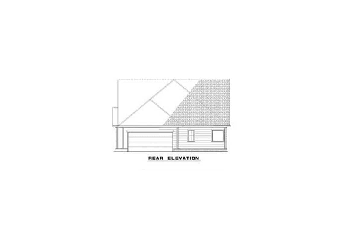 Rear elevation drawing of a house with a two-car garage, gable roof, and two windows.