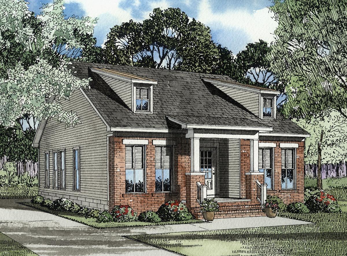 House plan exterior: One-story home with brick and siding, prominent front porch with columns, and dormer windows.