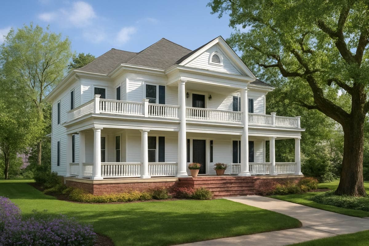 House plan exterior: Two-story white home with wraparound porches on both levels, supported by classical columns.