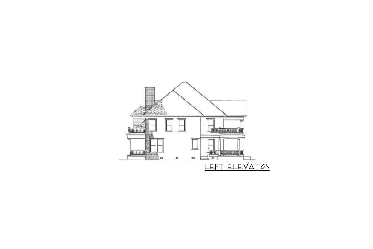 Left elevation house plan drawing showing a two-story home with a prominent chimney, multiple gables, and wrap-around porches.
