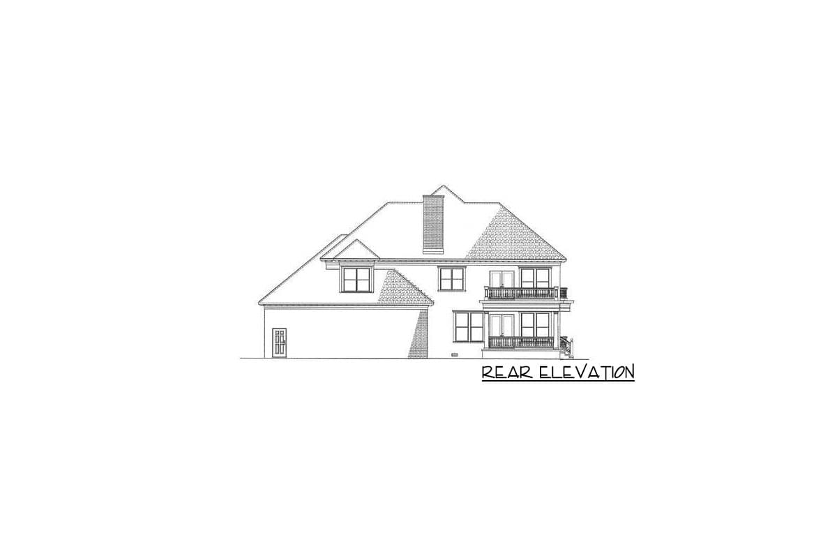 Rear elevation drawing of a two-story house plan with dormer, multi-level balconies, and large windows.