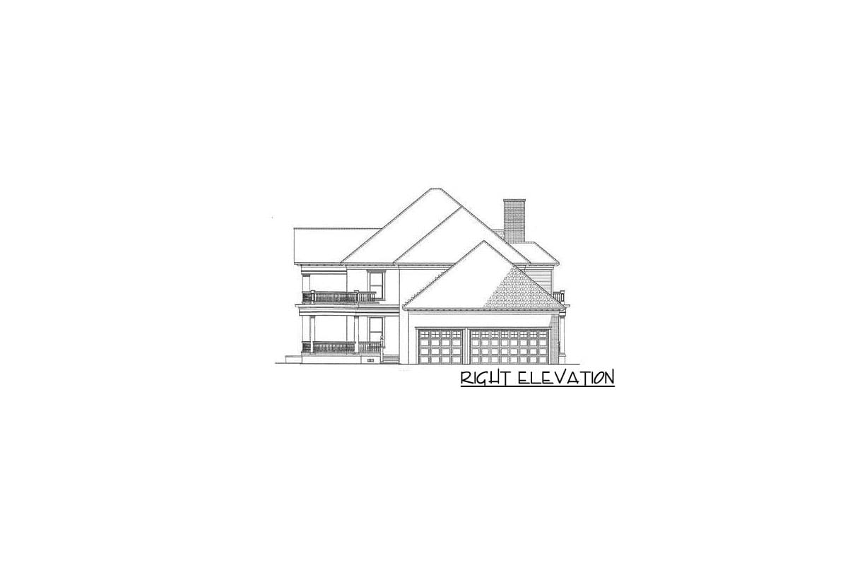 Right elevation drawing of a two-story house plan with a front porch, double garage, and varied rooflines.