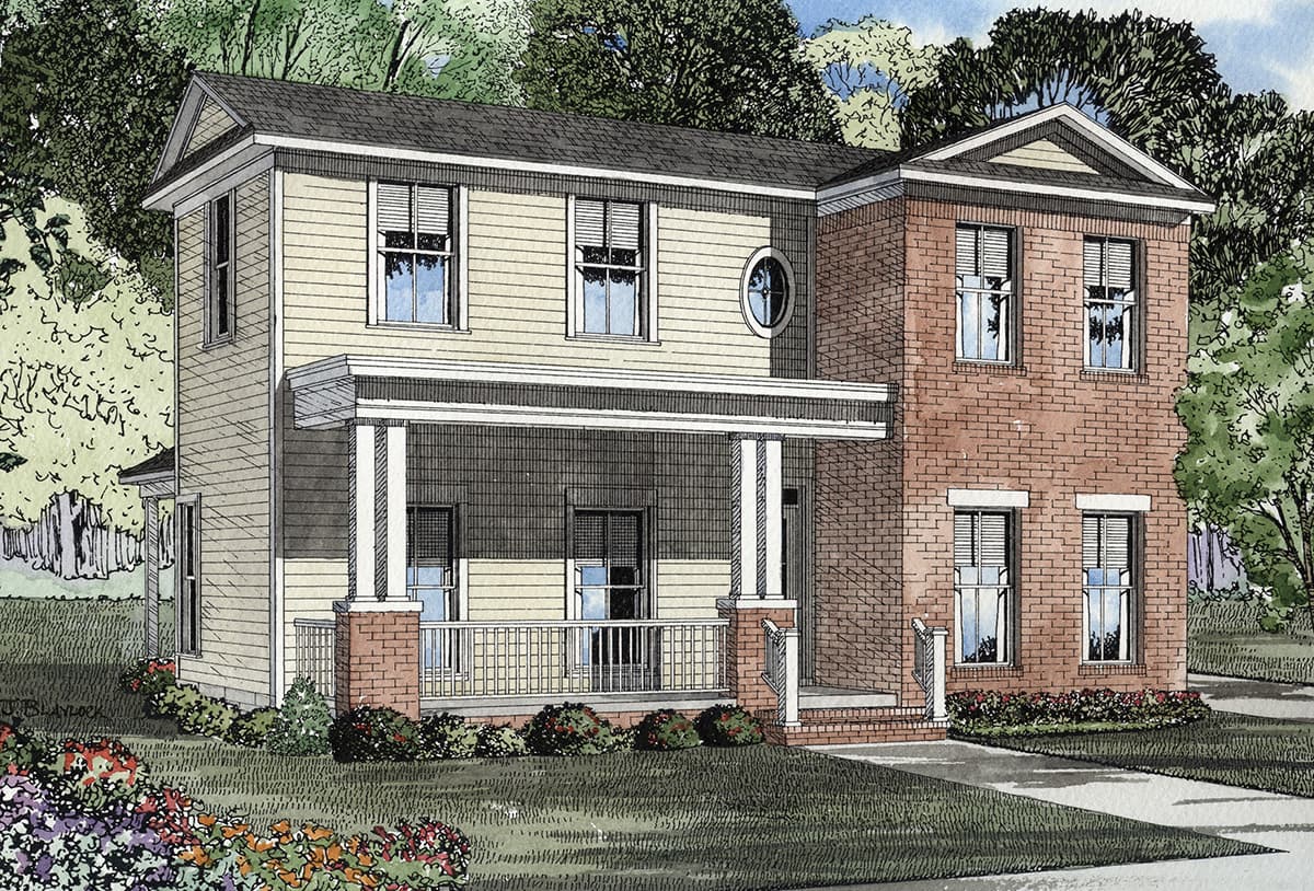 House plan exterior: two-story home with partial brick facade, covered front porch with white railings, and a circular dormer window.