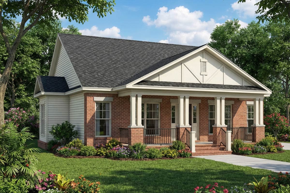 A rendered image of a one-story house with a brick facade, white trim, and a porch supported by columns, set in a well-landscaped yard.
