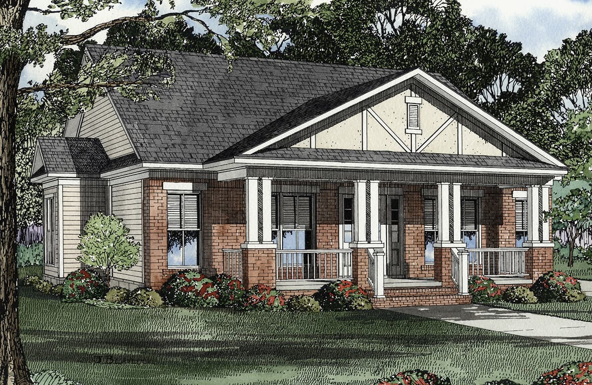 House plan exterior: One-story home with a prominent covered front porch supported by columns, brick facade, and gabled dormer.