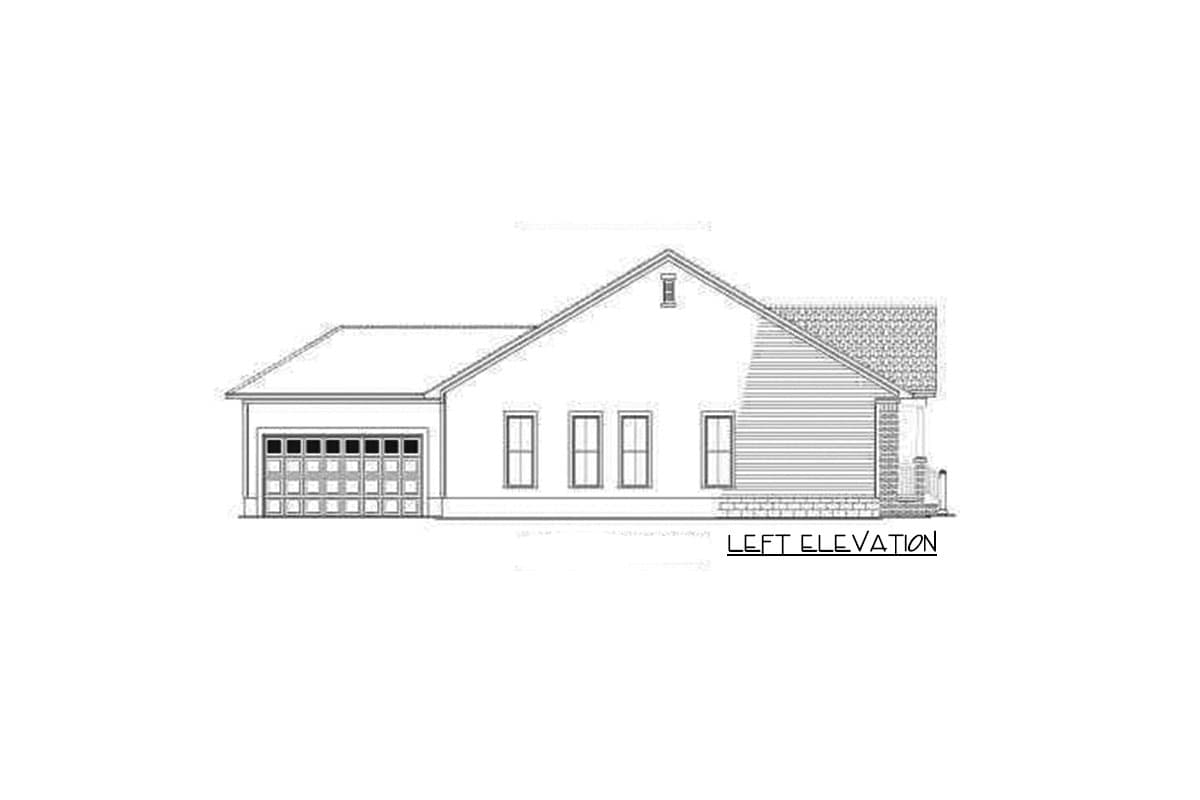Left elevation of a house plan showing a two-car garage, three windows, and a covered porch.