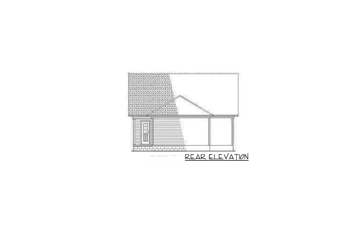 Rear elevation drawing of a house plan with a shed dormer, a covered porch, and horizontal siding.