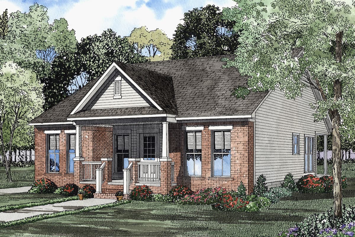 House plan exterior: Ranch style, one story, brick facade, covered front porch with columns, gabled dormer.