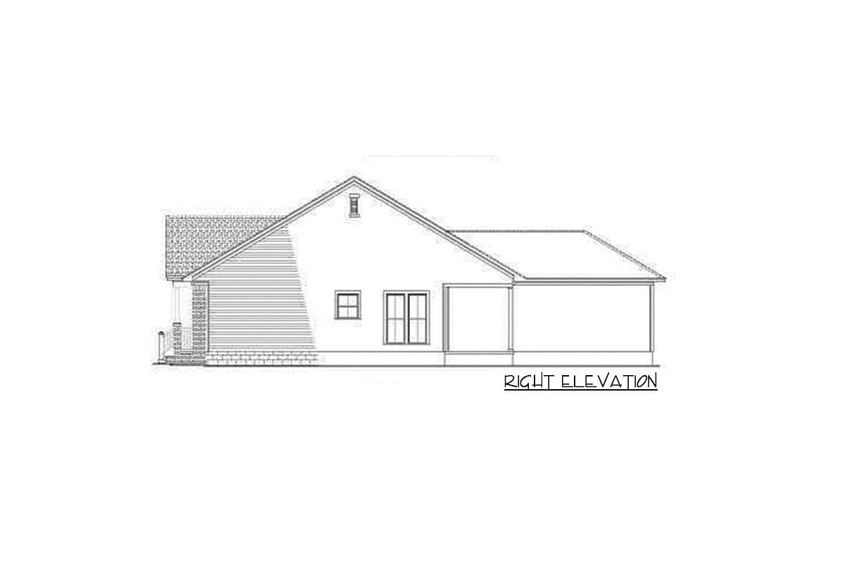 Right elevation drawing of a one-story house plan featuring gabled roof, siding, porch, and double doors.