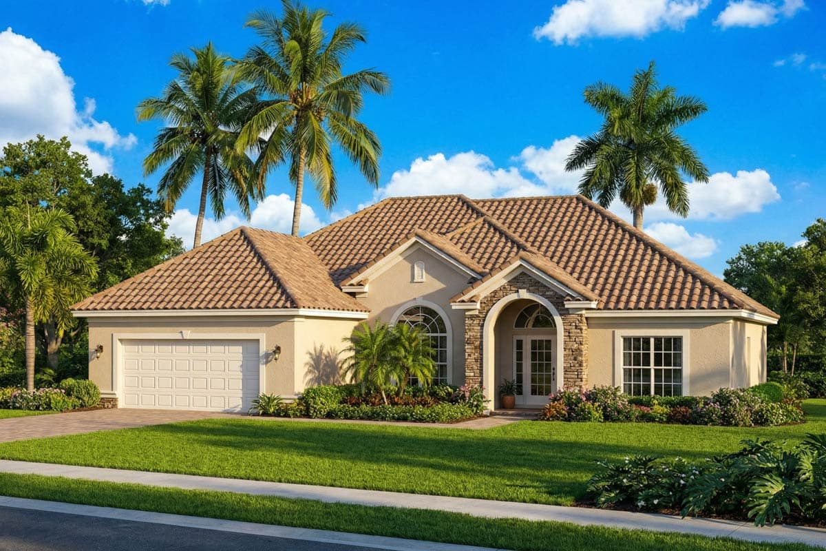 House plan exterior: Single-story, stucco finish, arched stone entryway, two-car garage, and tile roof.