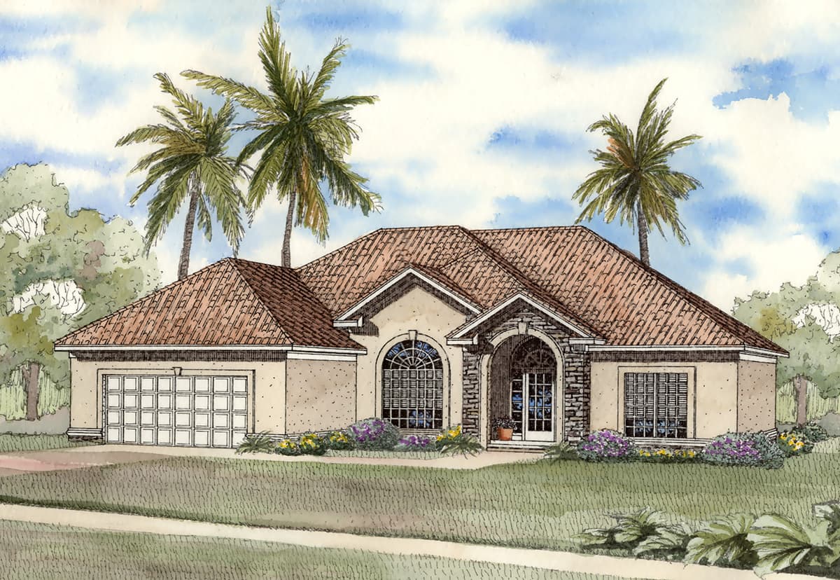 House plan exterior: One-story Mediterranean style with a tile roof, arched entryway, large arched window, and a two-car garage.