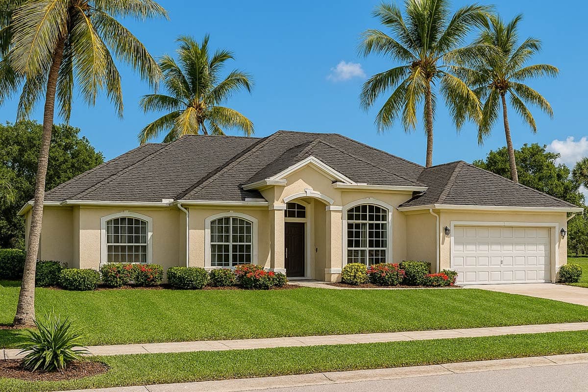 House plan exterior of a one-story home with a hipped roof, arched windows, covered entry, and a side-facing garage.