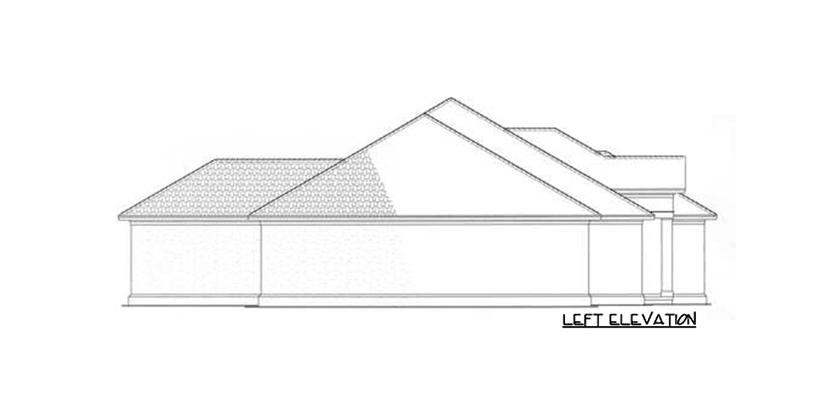 Left elevation drawing of a house plan showing a hip roofline and horizontal siding.
