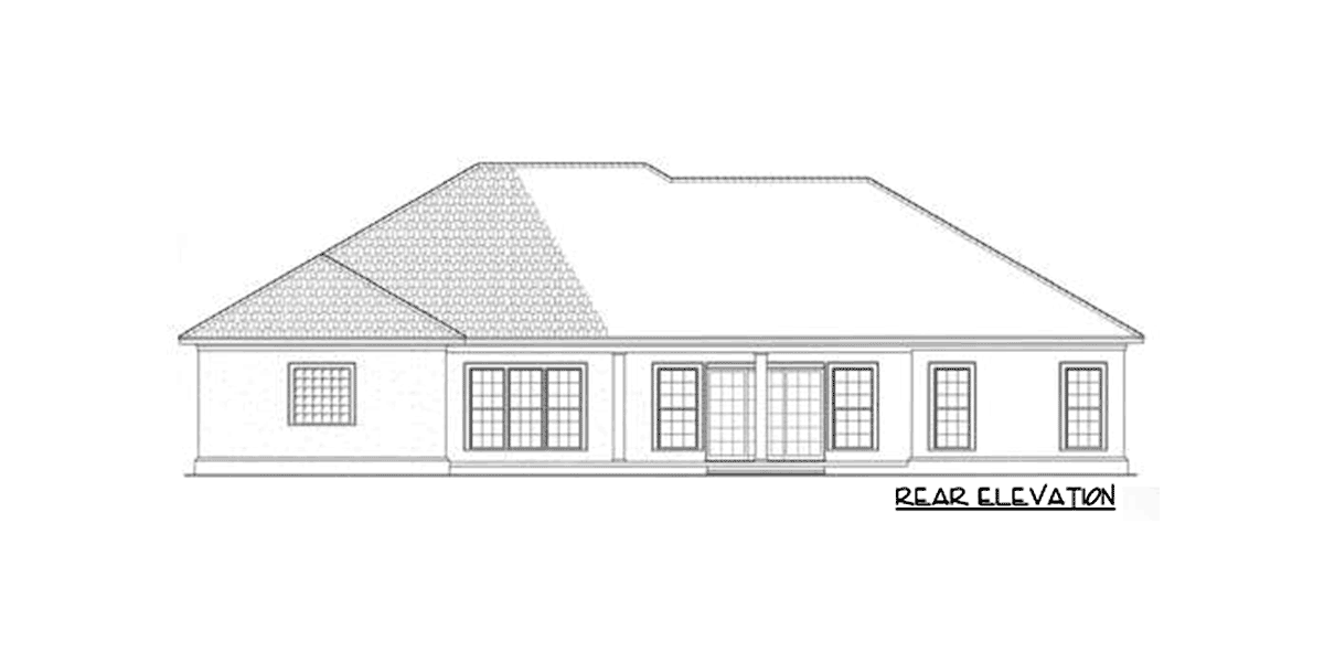 Rear elevation house plan with a prominent hipped roof and multiple grid-pane windows.