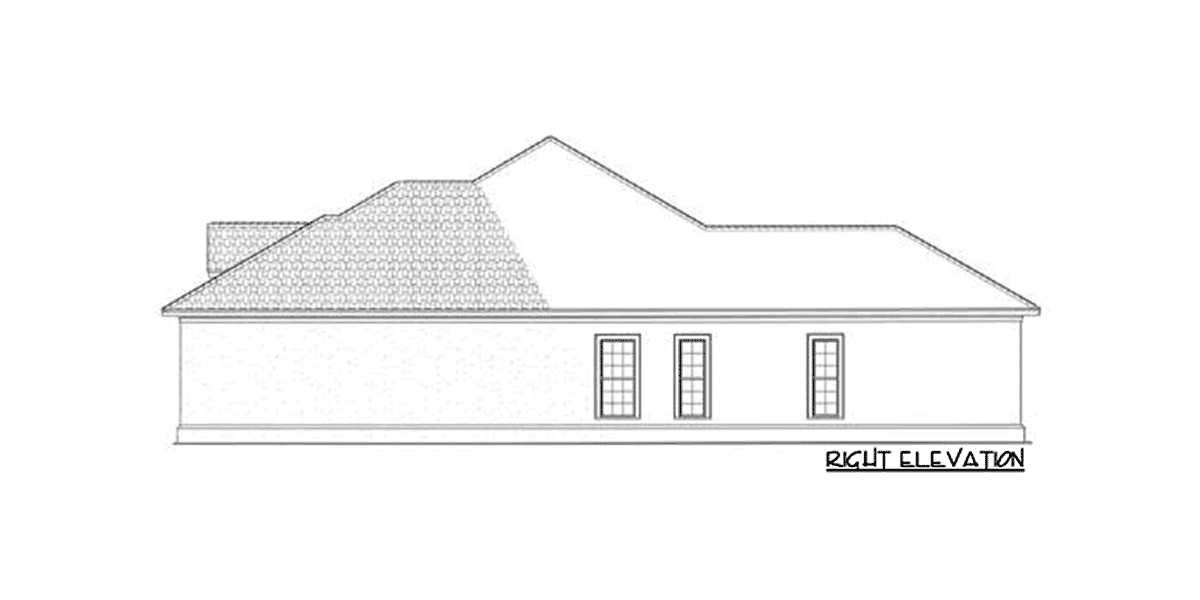 Right elevation drawing of a house plan, showing a single-story structure with a hip roof and three windows.