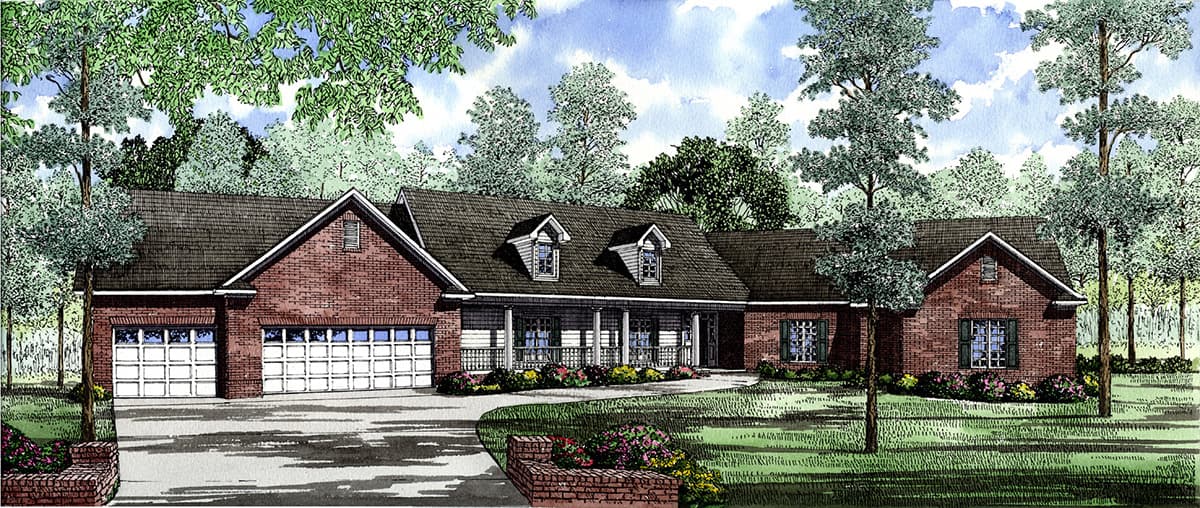 House plan exterior: Brick ranch with a covered front porch, two-car garage, and three gables.