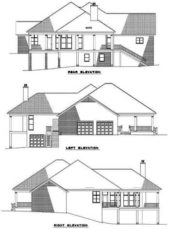 Architectural house plan elevations: rear, left with three-car garage, and right with porch. Main level has covered patios.