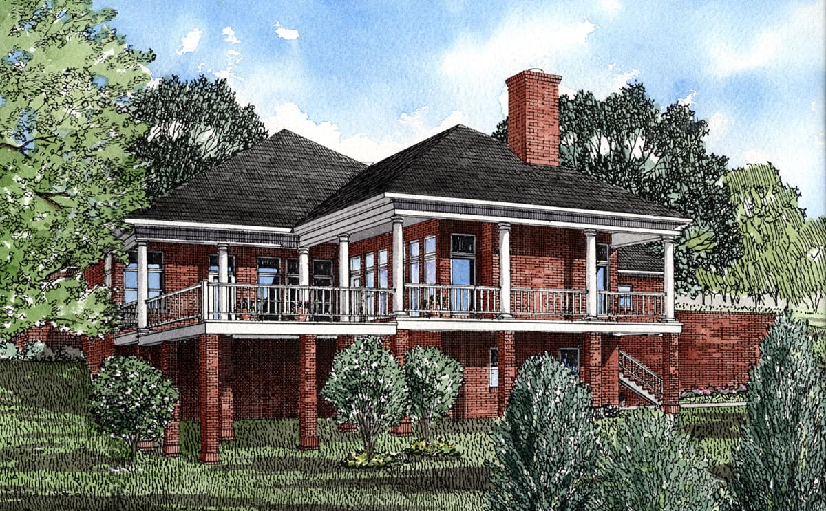 House plan exterior: Two-story brick home with a wrap-around porch supported by columns, symmetrical gables, and a prominent brick chimney.