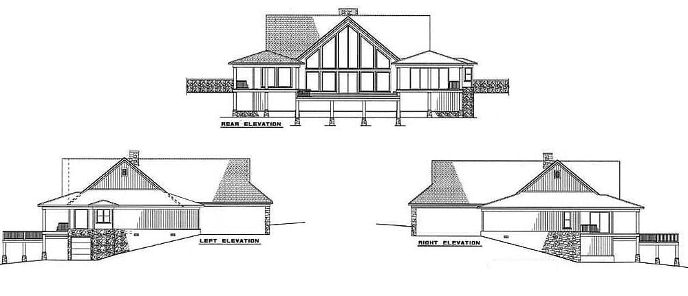 Rear, left, and right elevations of a two-story house plan with stone accents, gables, and decks.