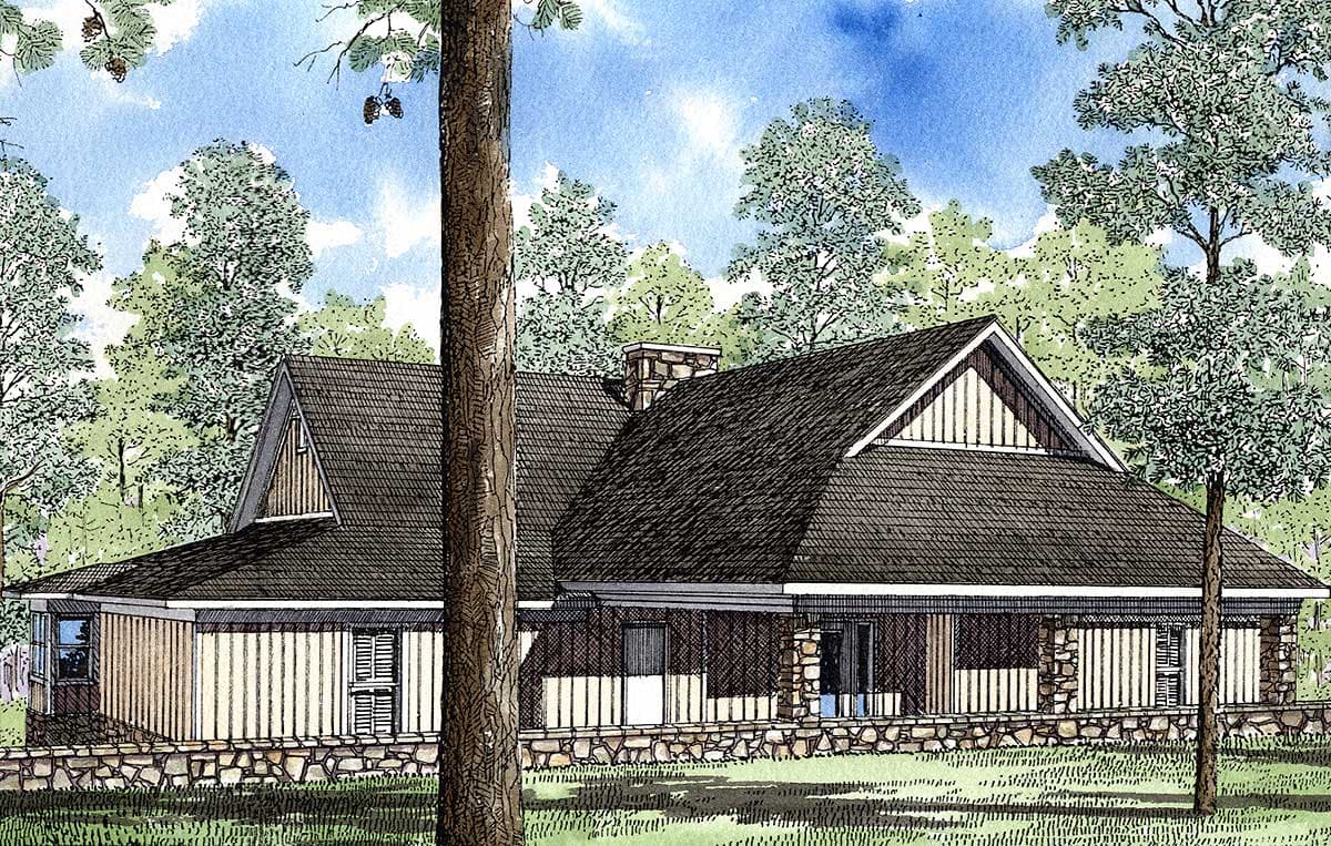 House plan exterior: Ranch style with stone accents, prominent gables, and a wrap-around porch.