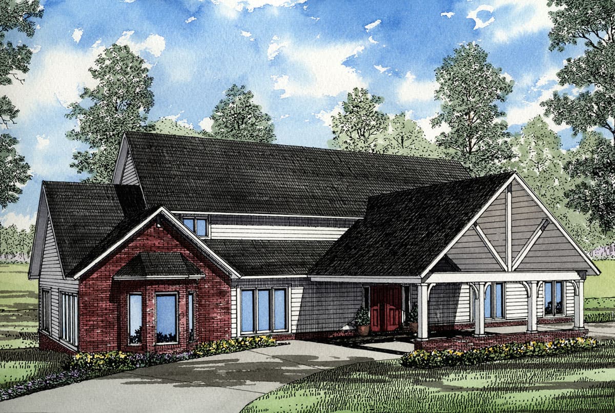 House plan exterior showing a red brick section with bay window, gable end, and covered entry with decorative brackets.
