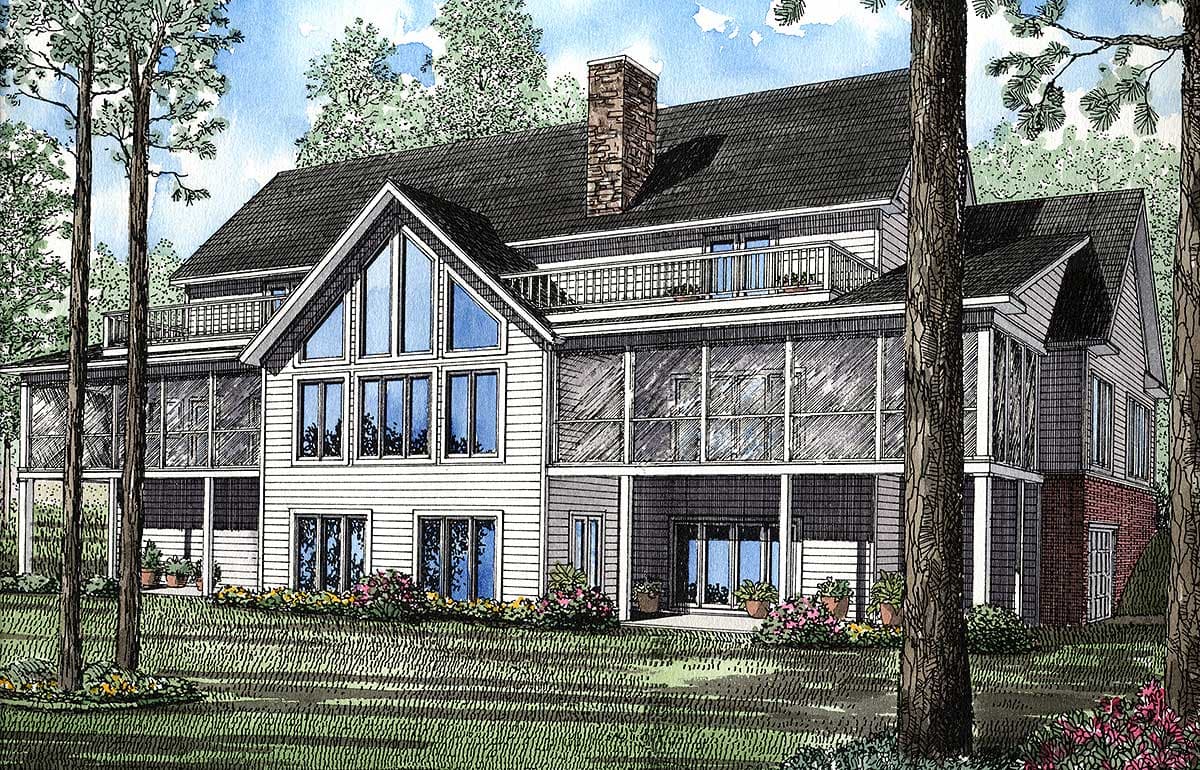 House plan exterior, two stories, gabled front with large windows, screened porch, and upper-level balcony.