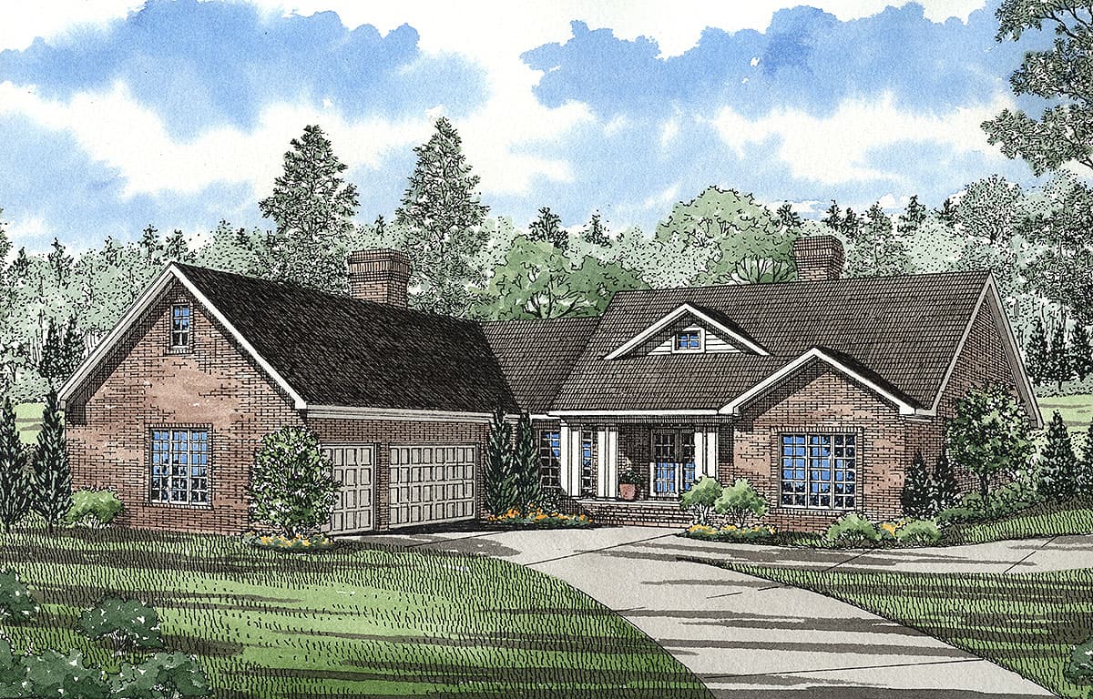 House plan exterior: One-story brick home with a gabled dormer over the covered entry and a side-facing garage.
