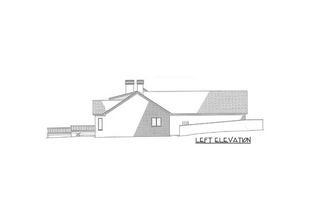 Left elevation drawing of a house with gabled roof, two chimneys, a deck, and one window.