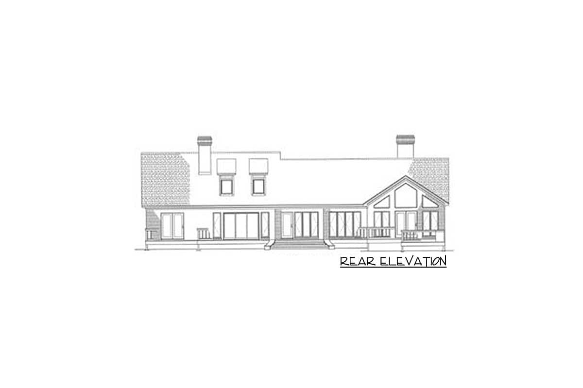 Rear elevation drawing of a house with multiple gables, dormers, chimneys, and large windows.