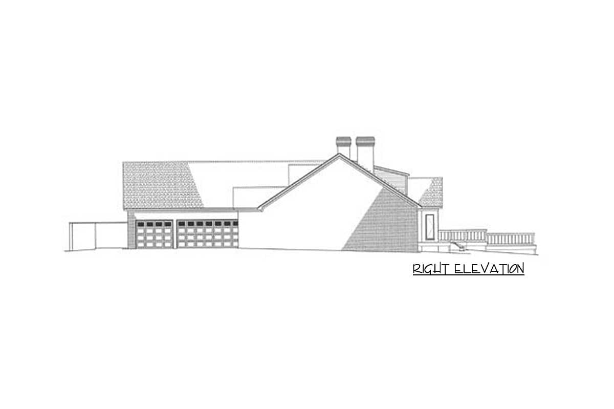 Right elevation drawing of house plan showing a three-car garage, pitched rooflines, and a deck.