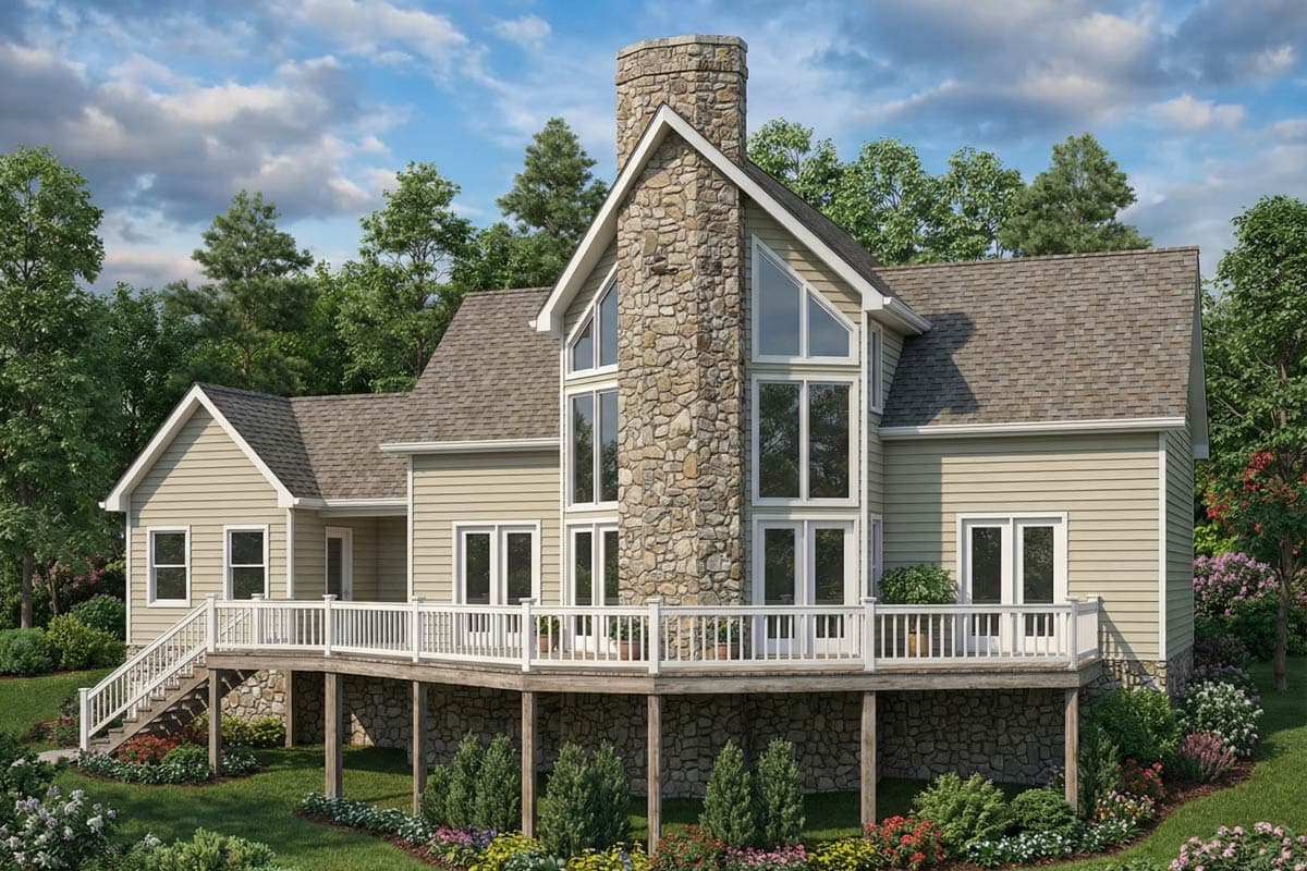 House plan exterior of a two-story home with a large stone chimney, wrap-around deck, and gabled dormers.