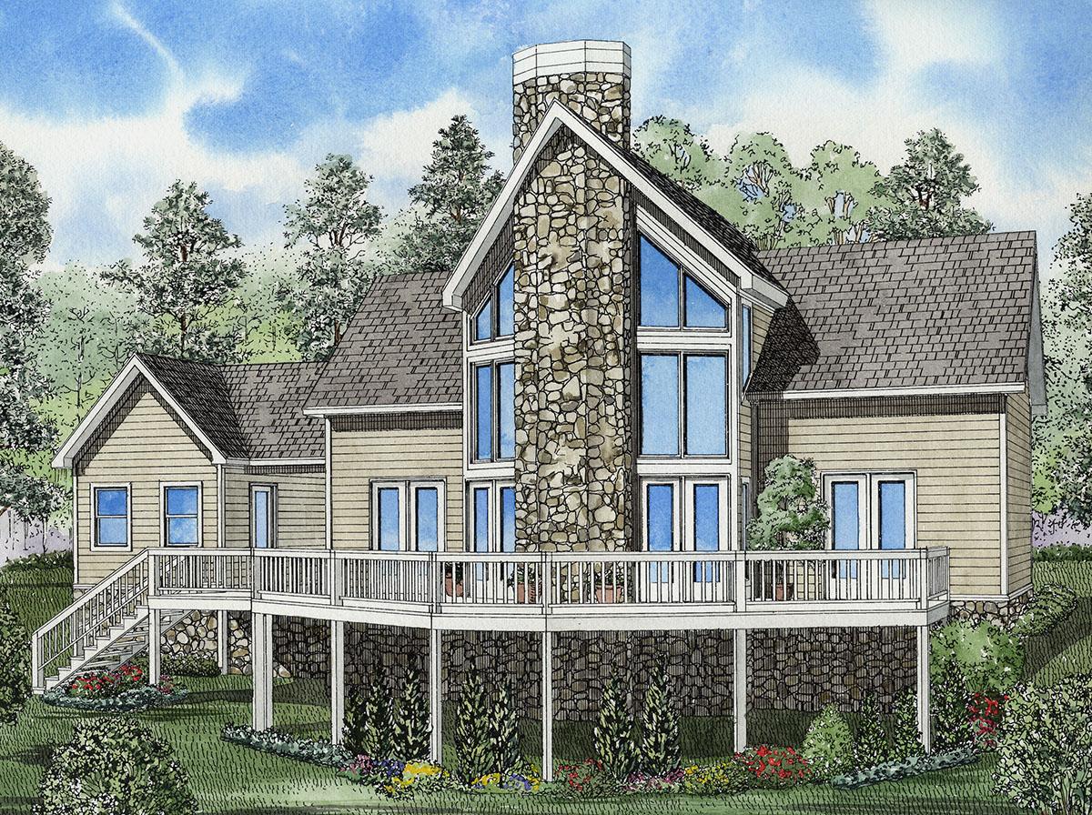 House plan exterior with multi-level deck, prominent stone chimney, and large glass windows.