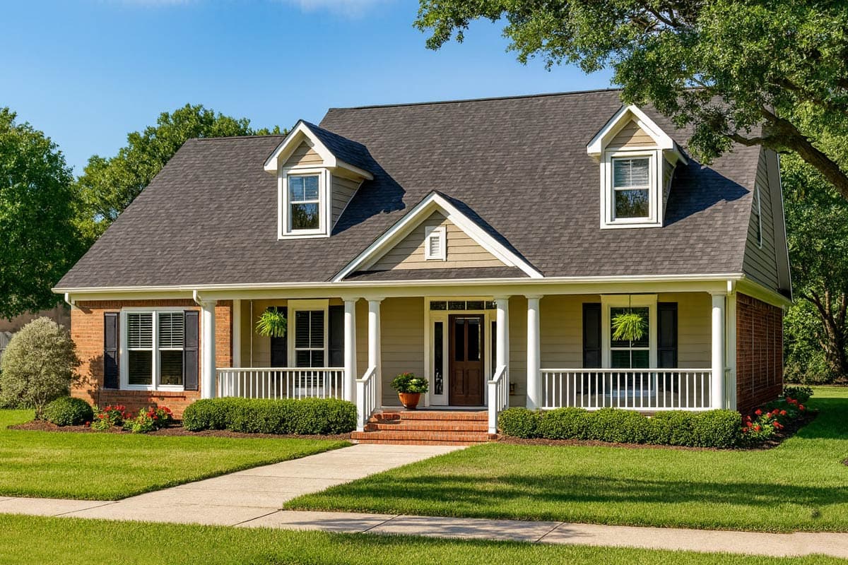 House plan exterior. Two-story Colonial with a front porch, dormers, and a gabled roof. Exterior features brick and siding.