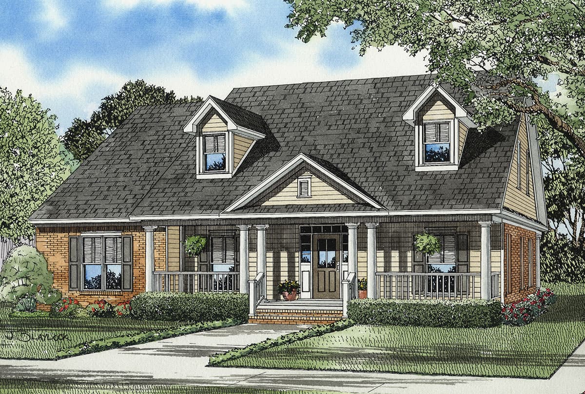 House plan exterior: Traditional style, two-story home with front porch, dormers, brick and siding accents.