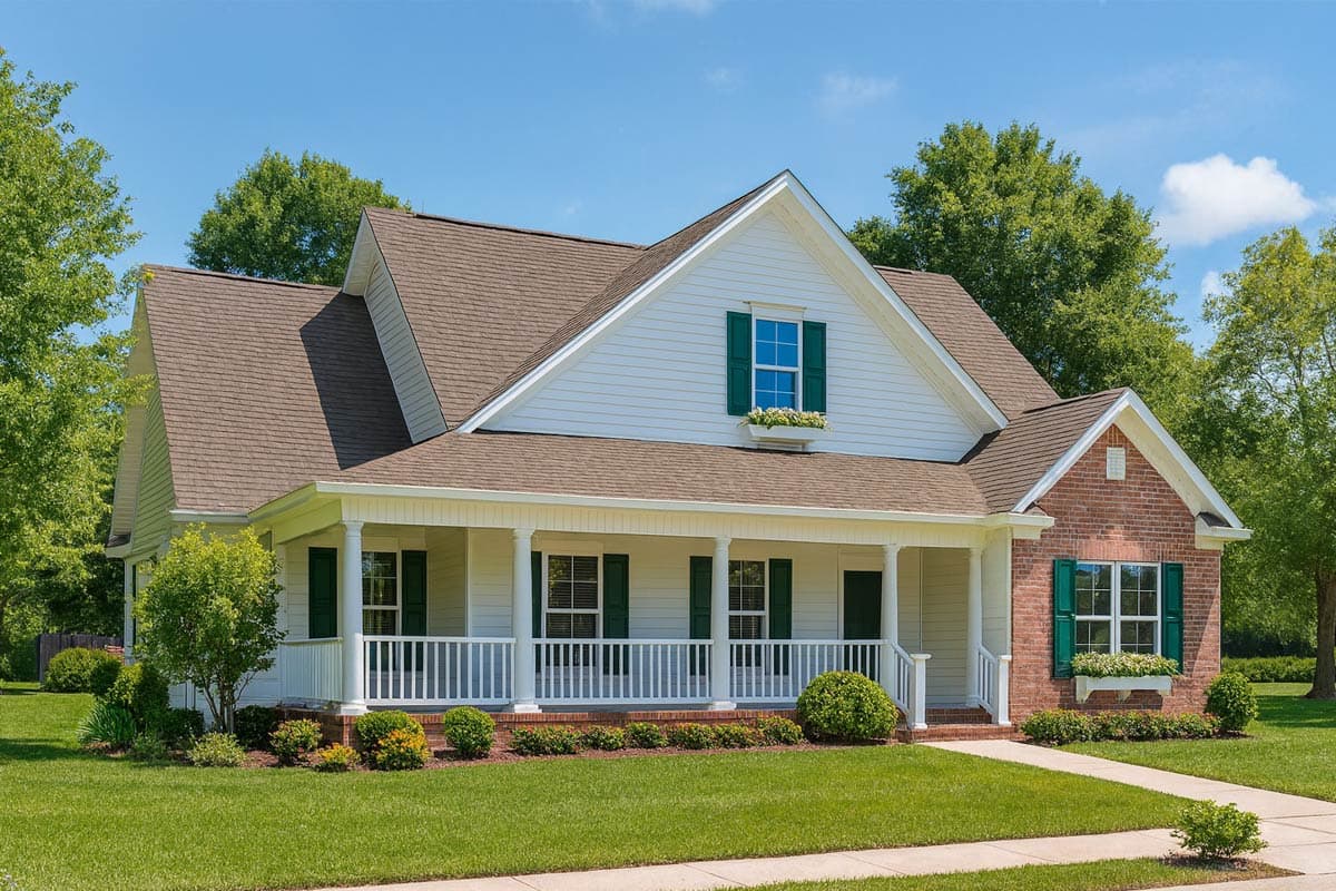 House plan exterior. Two-story farmhouse with a front porch, gables, and a brick accent. Green shutters and window boxes add detail.