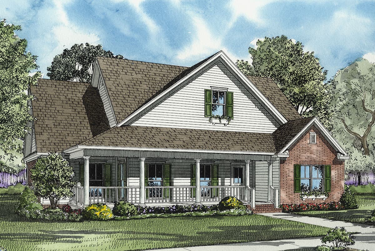 House plan exterior: Traditional style home with full wraparound porch, white columns, gables, and dormer.