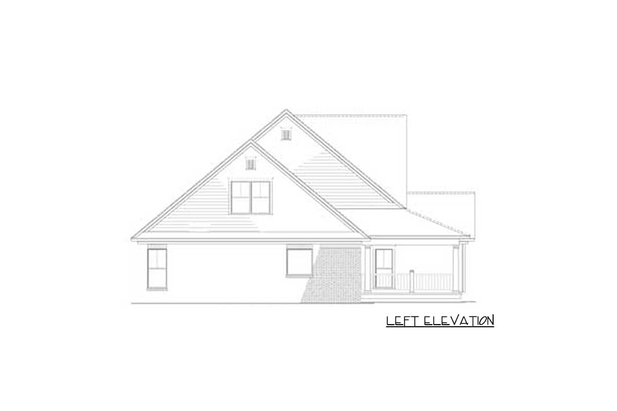 Left elevation drawing of a house plan featuring a prominent gable, dormer window, and covered porch with railings.