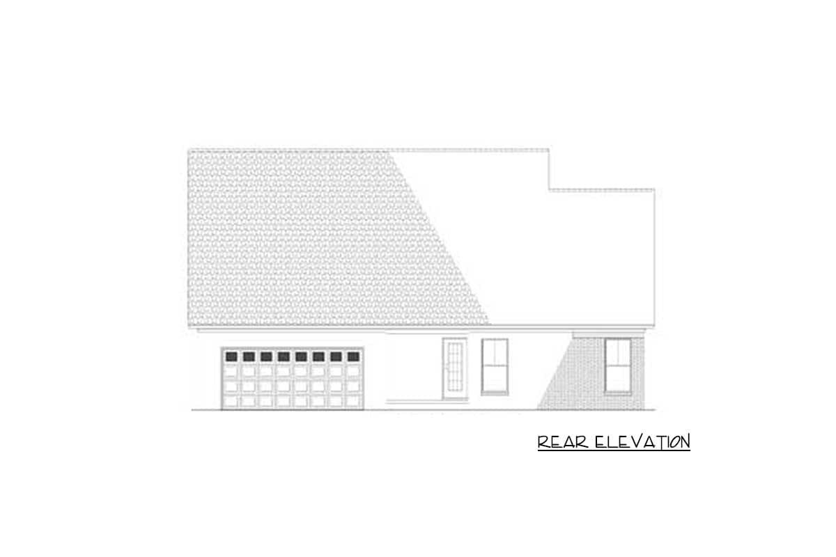 Rear elevation of a house plan featuring a two-car garage, a door, and two windows.