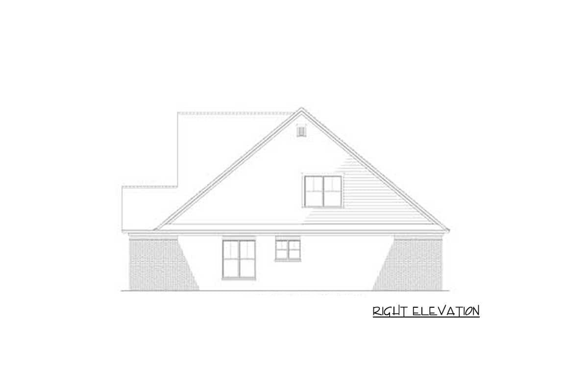 Right elevation house plan drawing with gable roof, dormer window, and brick foundation details.