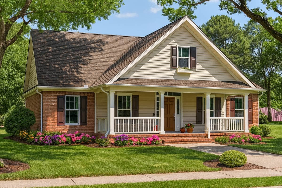 House plan exterior. Two-story home with a gabled roof, brick accents, and a front porch supported by columns. Window shutters are visible.