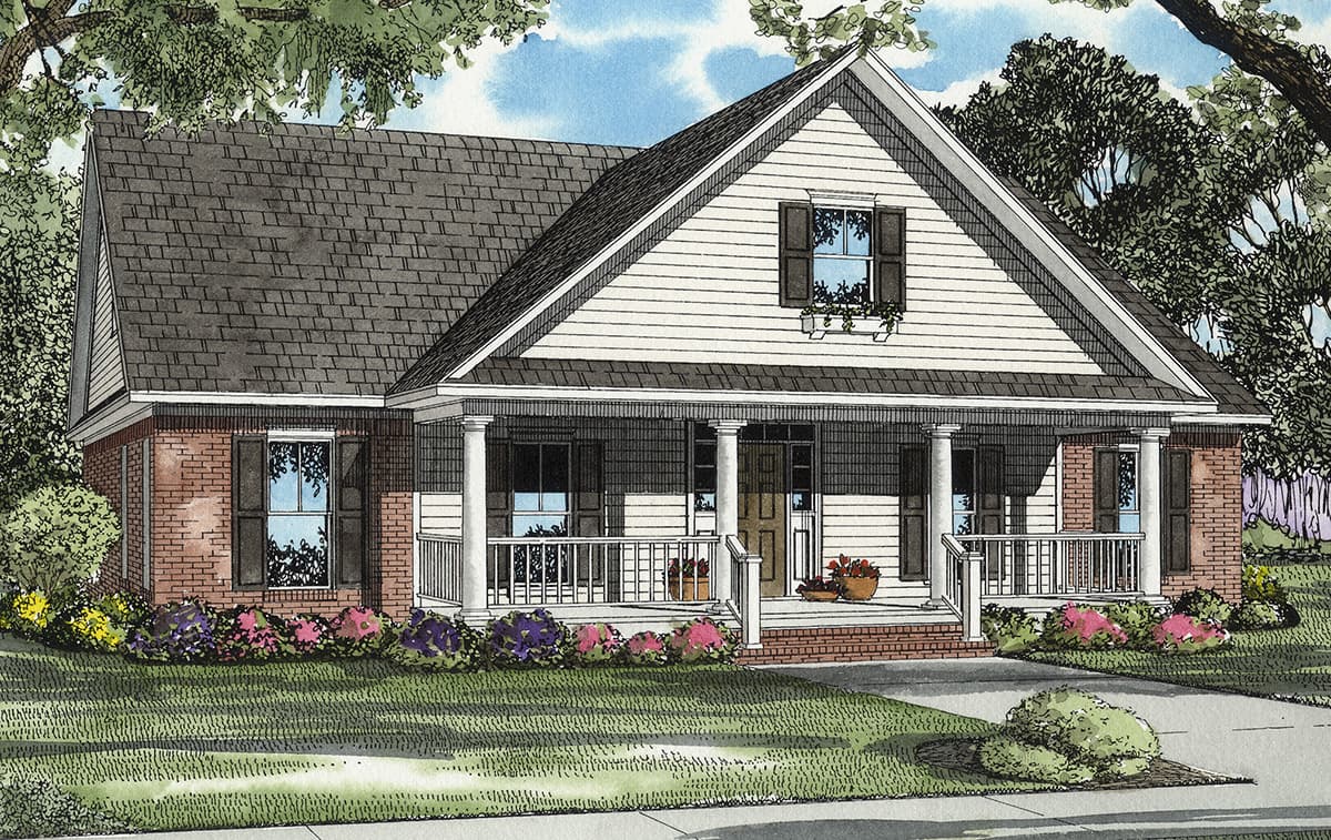 House plan exterior: One-story home with brick accents, wraparound porch supported by columns, and prominent gabled dormer.