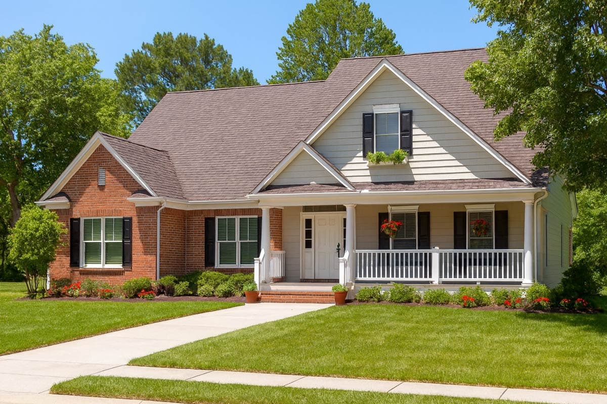 House plan exterior. Two-story house with brick and siding facade, covered front porch, gabled roof, and decorative shutters.